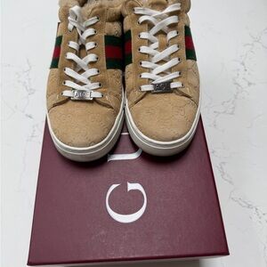 Gucci Tan Suede GG Ace Sneakers with Green & Red Web